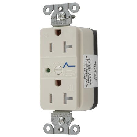 HUBBELL WIRING DEVICE-KELLEMS Straight Blade Devices, Receptacles, Duplex, SNAPConnect, Surge supression, Tamper Resistant, LED Indicator, 20A 125V, 5-20R SNAP5362LAS